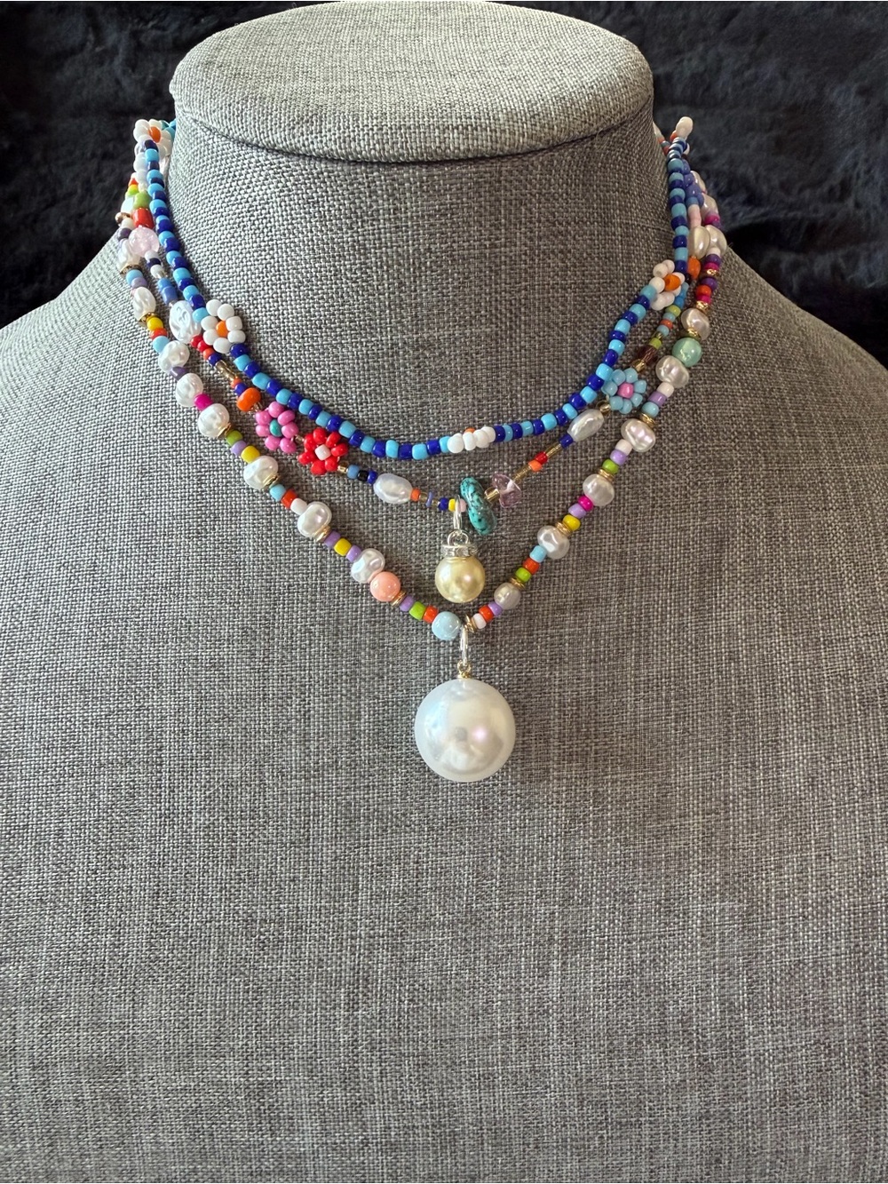 Colorful Multi-Bead Layered Necklace with Pearl Pendant